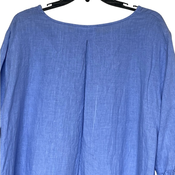 Bryn Walker Fran blue 100% linen ruffle 3/4 sleeve hi low tunic top Lagenlook - Picture 4 of 11